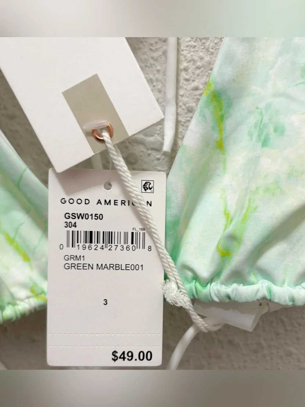 Good American Triangle Tiny Ties Bikini Top in Green Marble NWT 3 - Large